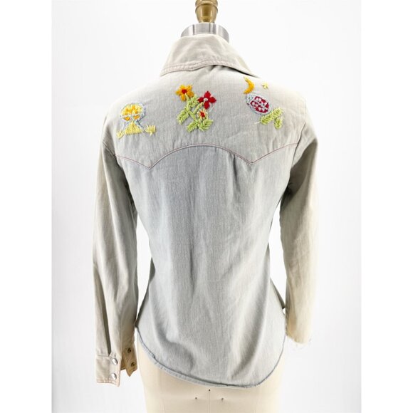 Chambray Denim Western Embroidered Vintage Shirt S - Picture 3 of 9